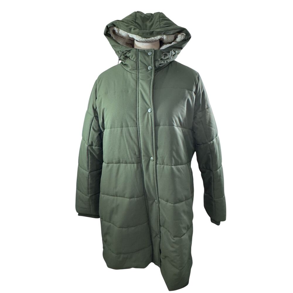 "FALLS CREEK" Green Womens Puffer Coat Side Zippers Sherpa Lined SZ 1X Cozy Warm